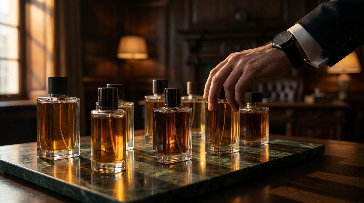 Luxury cologne bottles on dark marble