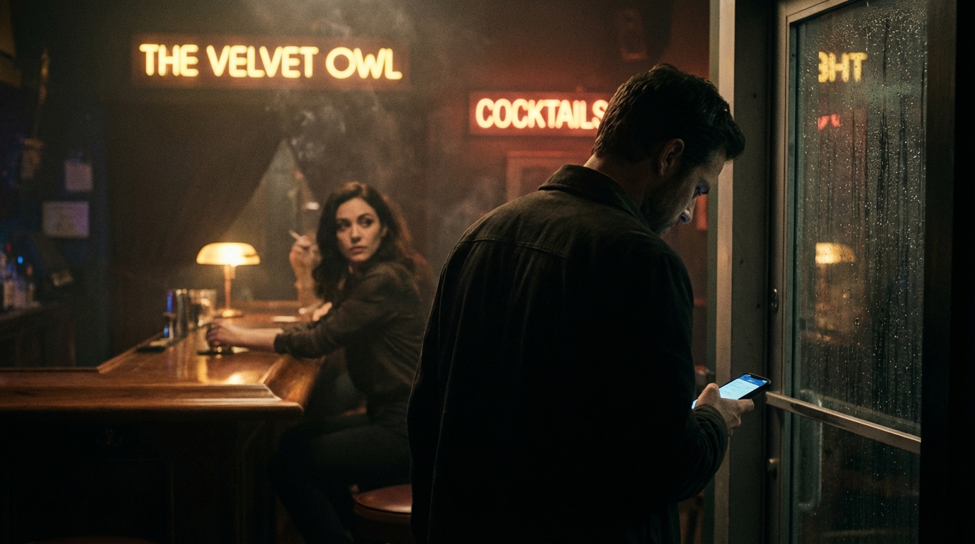 Man leaving a bar while a woman watches him go